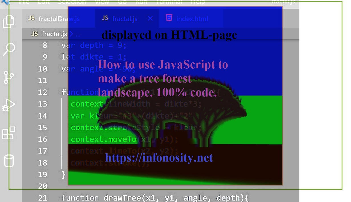 fractals in javascript tutorial: How to make (program) fractals. This is a forest landscape. Copyright (c) Bruno Stroobandt. Infonosity.net.